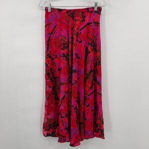 Sicari Silks 100% Silk Red Pink Abstract Maxi Skirt Size 8